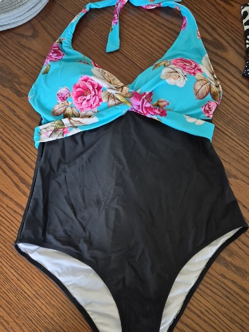 Floral Turquoise and Black One-Piece Swimsuit